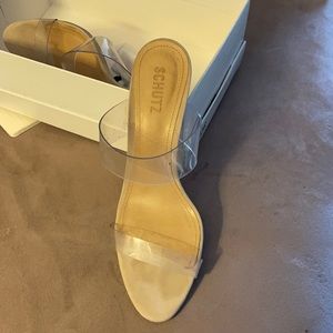 Schutz clear plastic and suede Sandal pumps